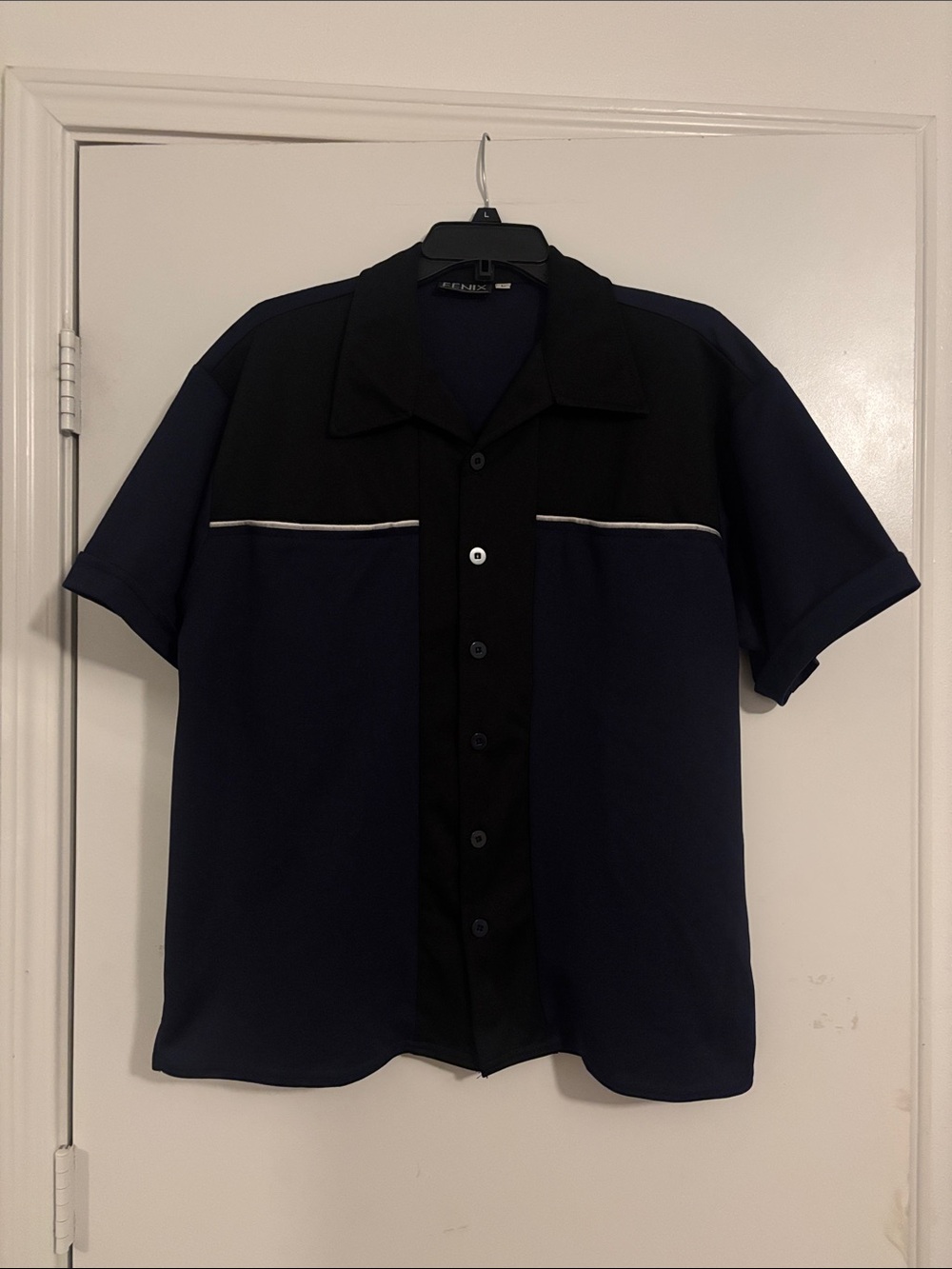 Men's Two-Tone Navy and Black Short-Sleeve Button Shirt